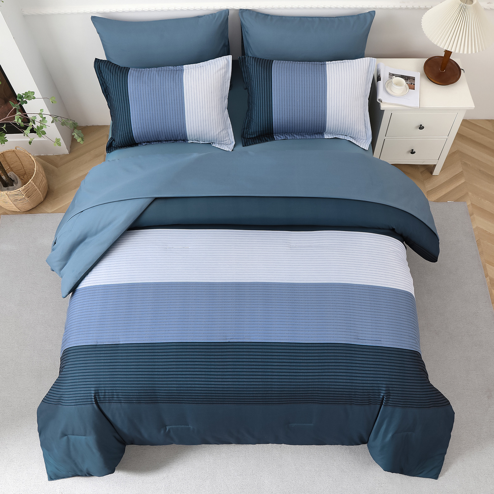 Navy Blue Comforter Set, King Size, Striped 3-Piece Bedding Collection โ image 4