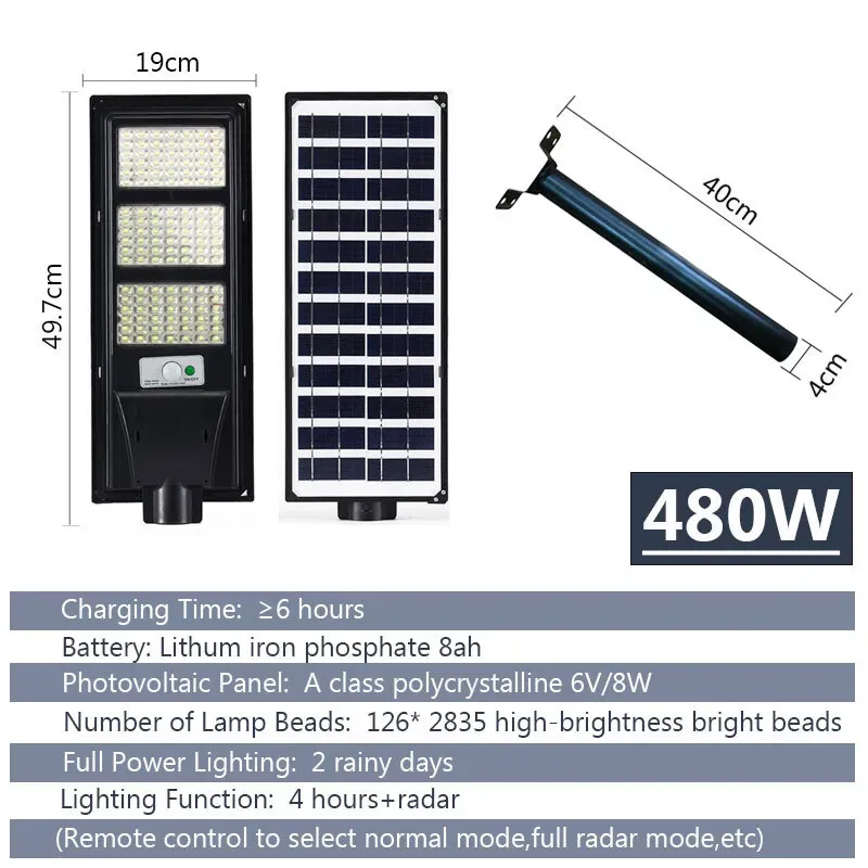 Solar Street LED Light with Radar Sensor, Black, 480W, Remote Control, Outdoor Flood Wall Lamp — image 4