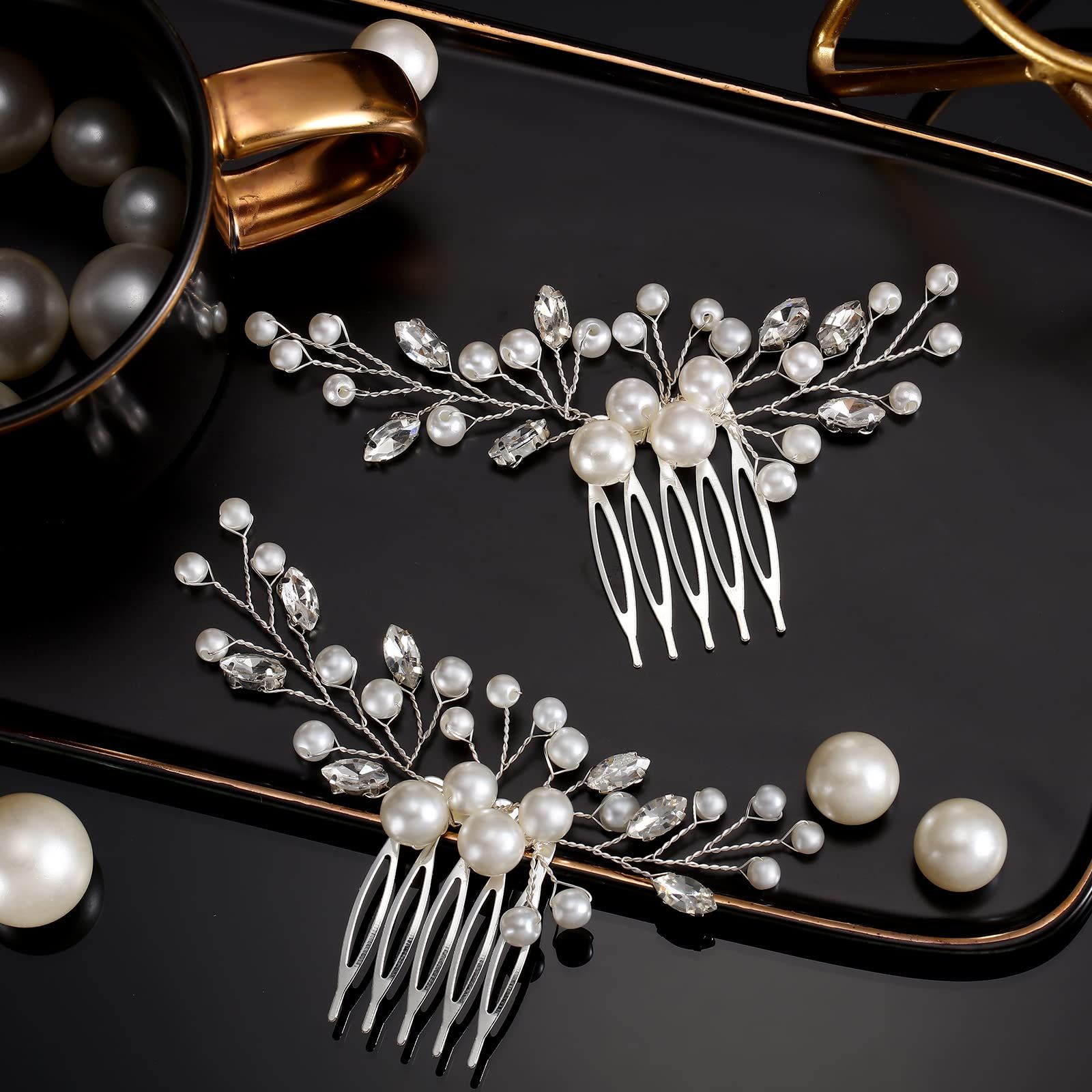 2 Pieces Wedding Pearl Hair Comb Bride Pearl Crystal Headpiece Flower Side Combs Hair Clip Bridal Hair Accessories, Silver