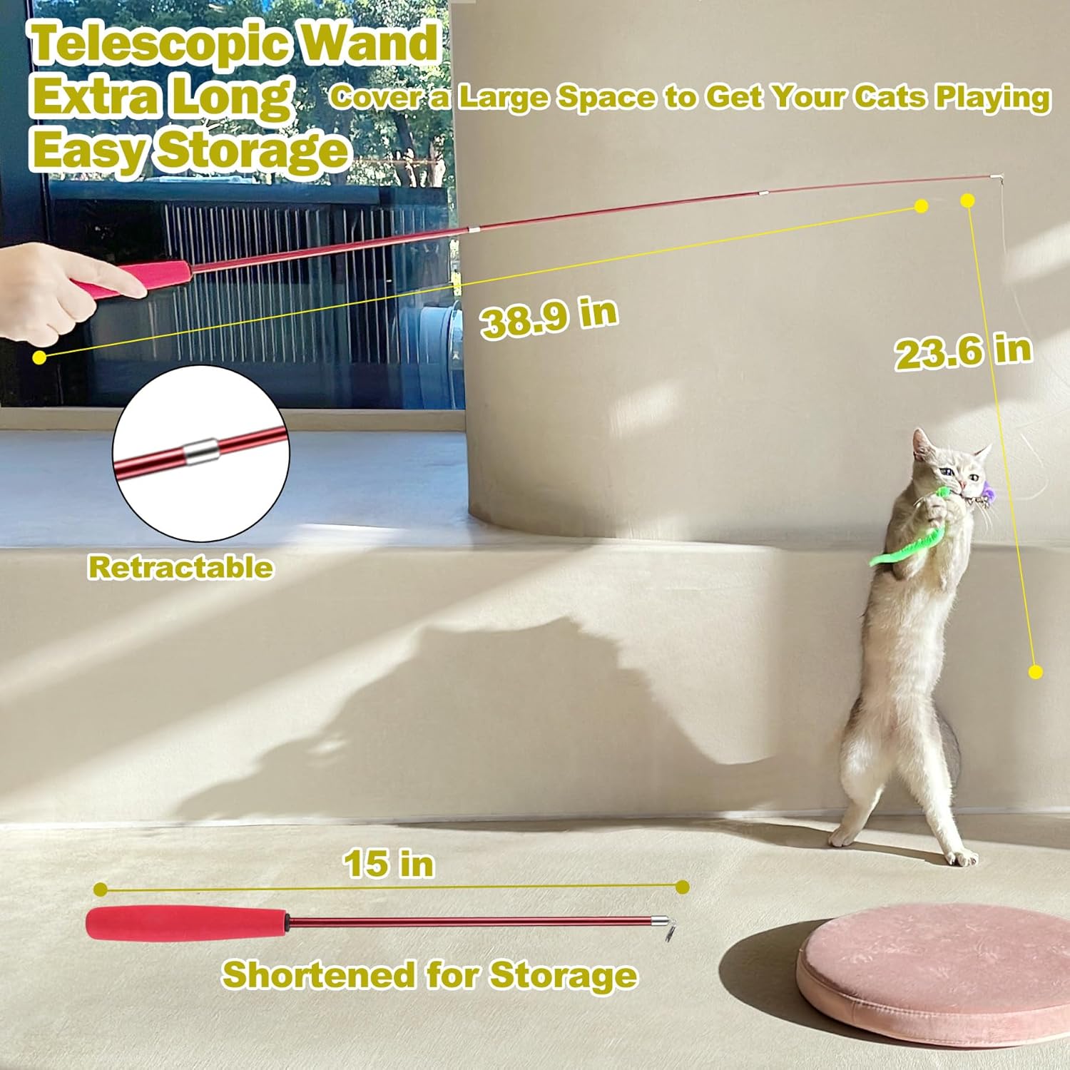 Huidcom Cat Feather Toy Retractable Cat Toys Wand with 2 Wands & 9 Assorted Teaser Refills Interactive Feather Teaser Wand Toy with Bell for Kitten Or Cat — image 3