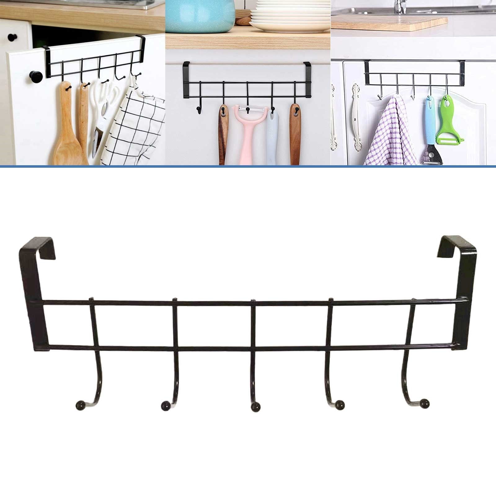 Stainless Steel Over Door Hanger with 5 Hooks, No Drill Coat and Towel Rack for Bedrooms, Bathrooms and Entryways, 23 × 9 cm, Black