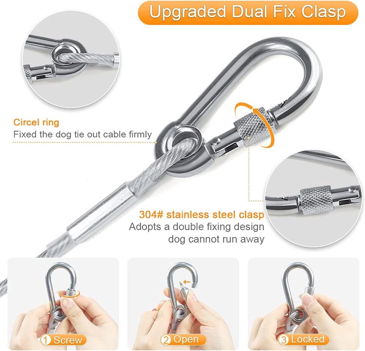 Dog leash cable - 5mm * 3m - stainless steel - silver - dog chains - with double fastening stainless steel buckle - camping accessories - dog game ground stake — image 4