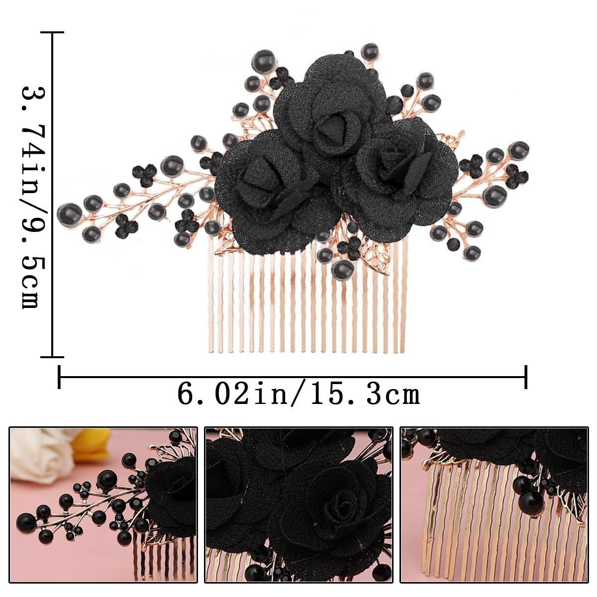 2 PCS Flower Hair Comb Black Bridal Wedding Hair Side Combs Black Rose Floral Rhinestone Pearl Headpiece Vintage Decorative Girl Women Hair Accessories for — image 2