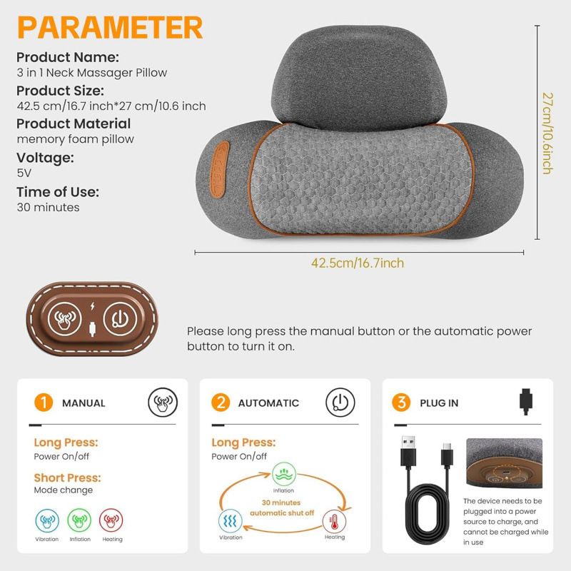 3 in 1 Electric Cervical Neck Massager Pillow (Airbag Traction + Heat Compress + Vibration) - Bone Shped Ergonomic Memory Foam Neck Support Pillow, USB — image 3