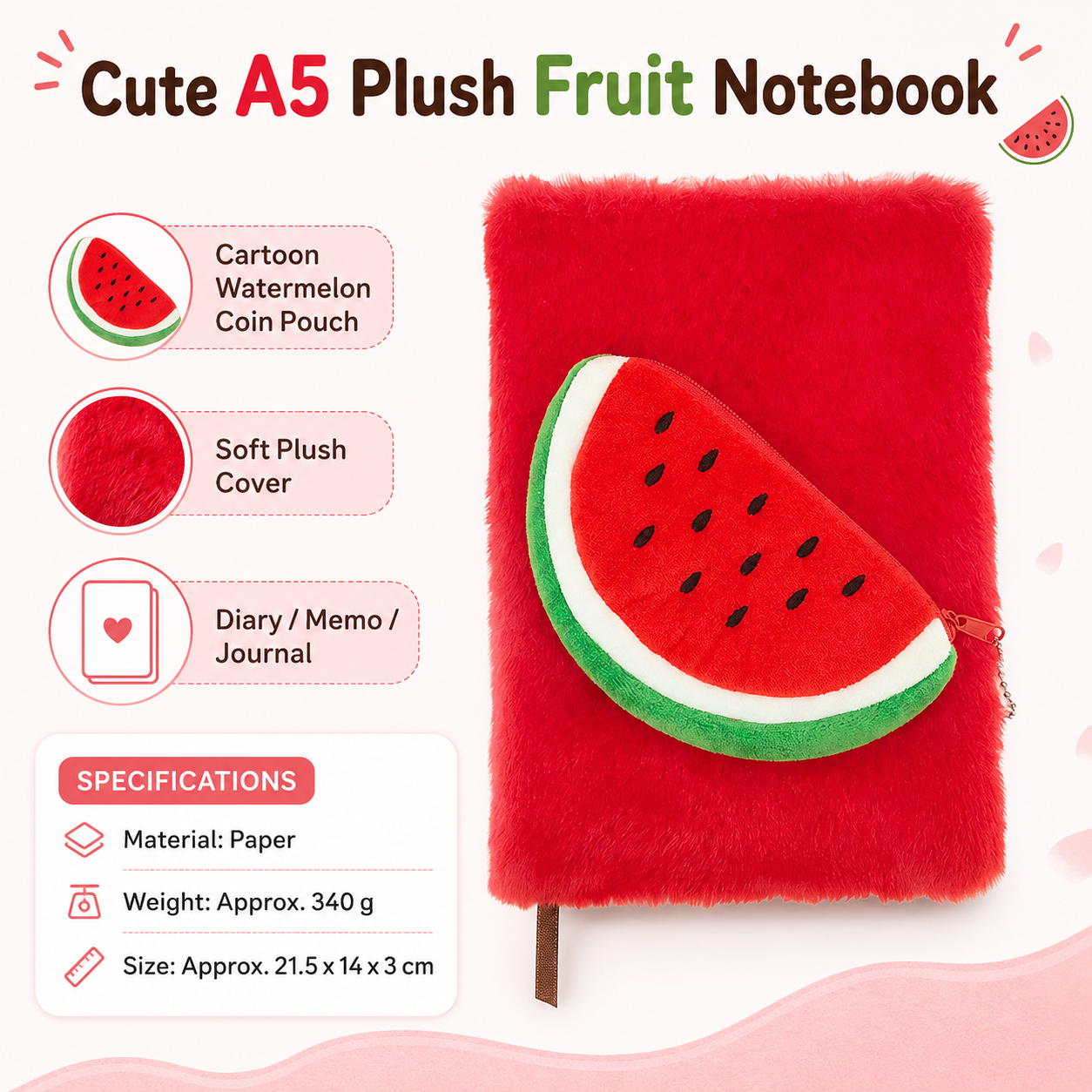 A5 Plush Fruit Notebook with detachable watermelon-shaped coin purse — features a soft plush cover and 80 lined pages; a cute design perfect for school use or