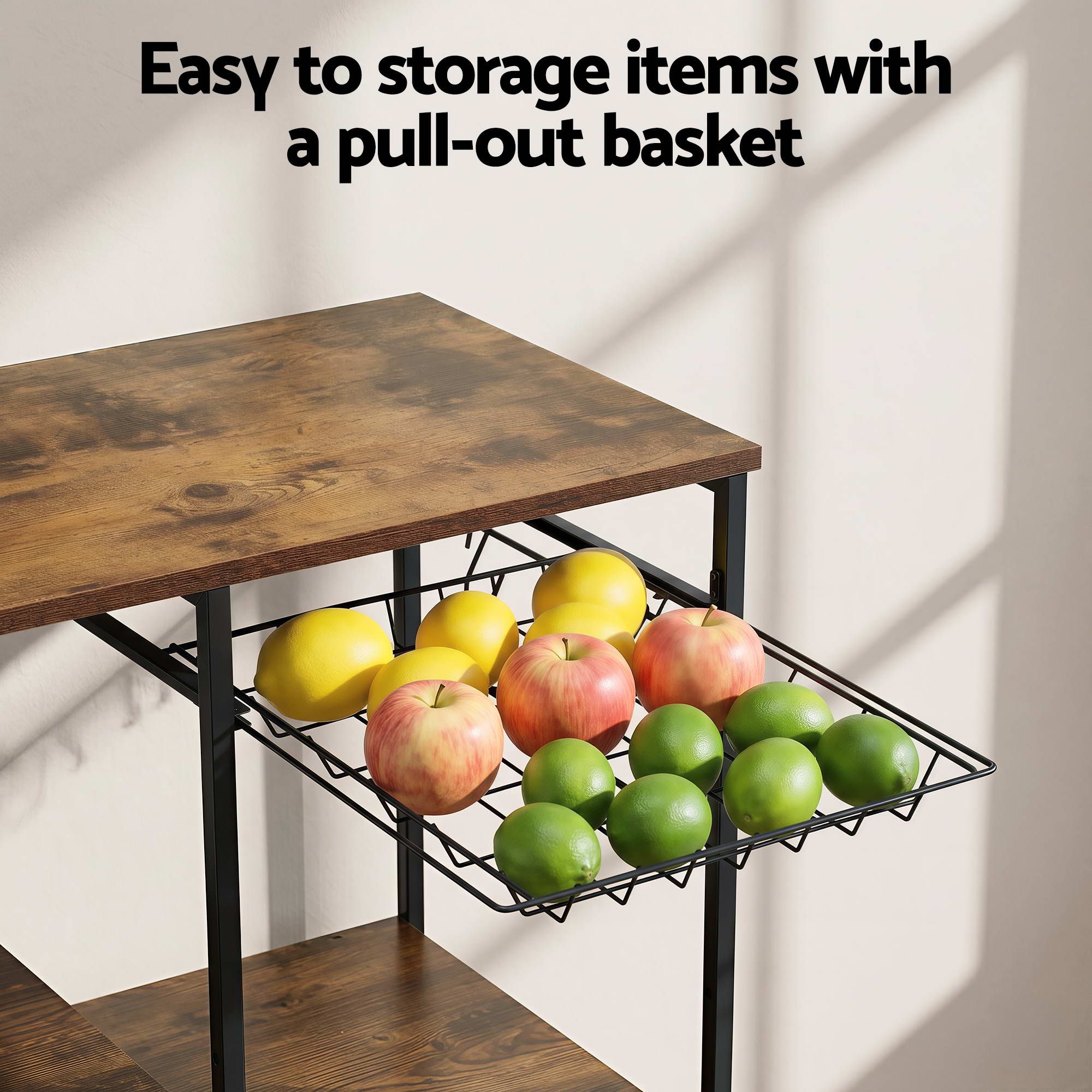 Artiss 4-Tier Kitchen Rack with Pull Out Basket 6 Hooks Microwave Storage Shelf โ image 6