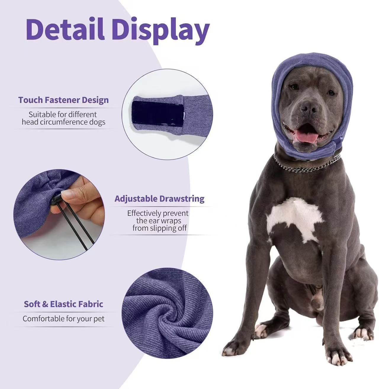 Dog Calming Hoodie, No Shake Ear Wraps for Dogs, Ear Protection Cover Muffs, Head Warp for Anxiety Relief, Noise Reduction, Hematoma, Grooming and Force Drying — image 3