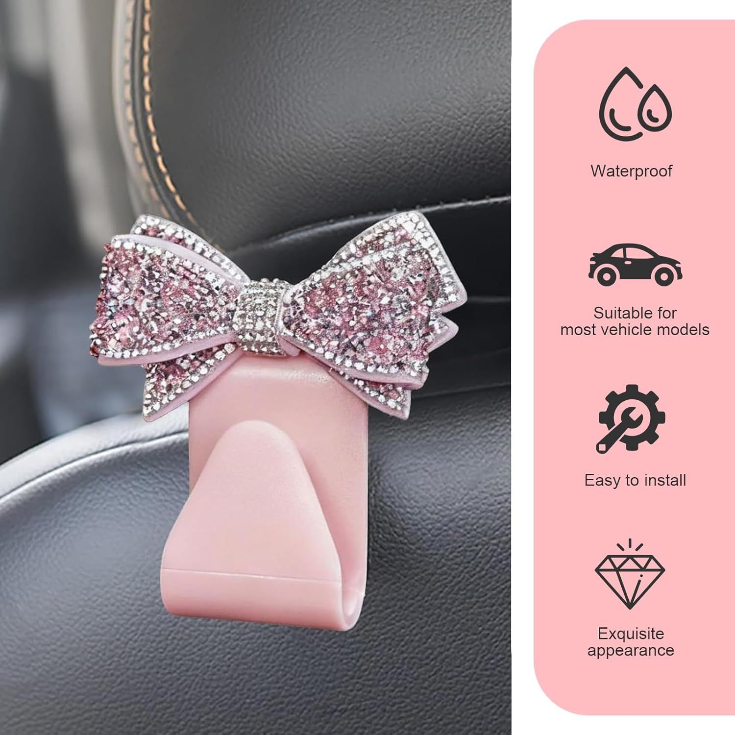 2 PCS Car Bling Seat Headrest Hooks, 3D Butterfly Bow Rhinestone Decoration Hook, Multi-function Storage Hanger for Purses and Bags, Cute Organizer for Car — image 4