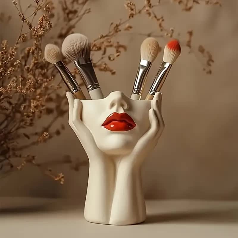 Sculpted Hands Vanity Brush Holder — "Goddess Embrace" Resin Organizer with Red Lips Accent/1 Piece Elegant Resin Makeup Brush Holder with Red Lips Design — image 6