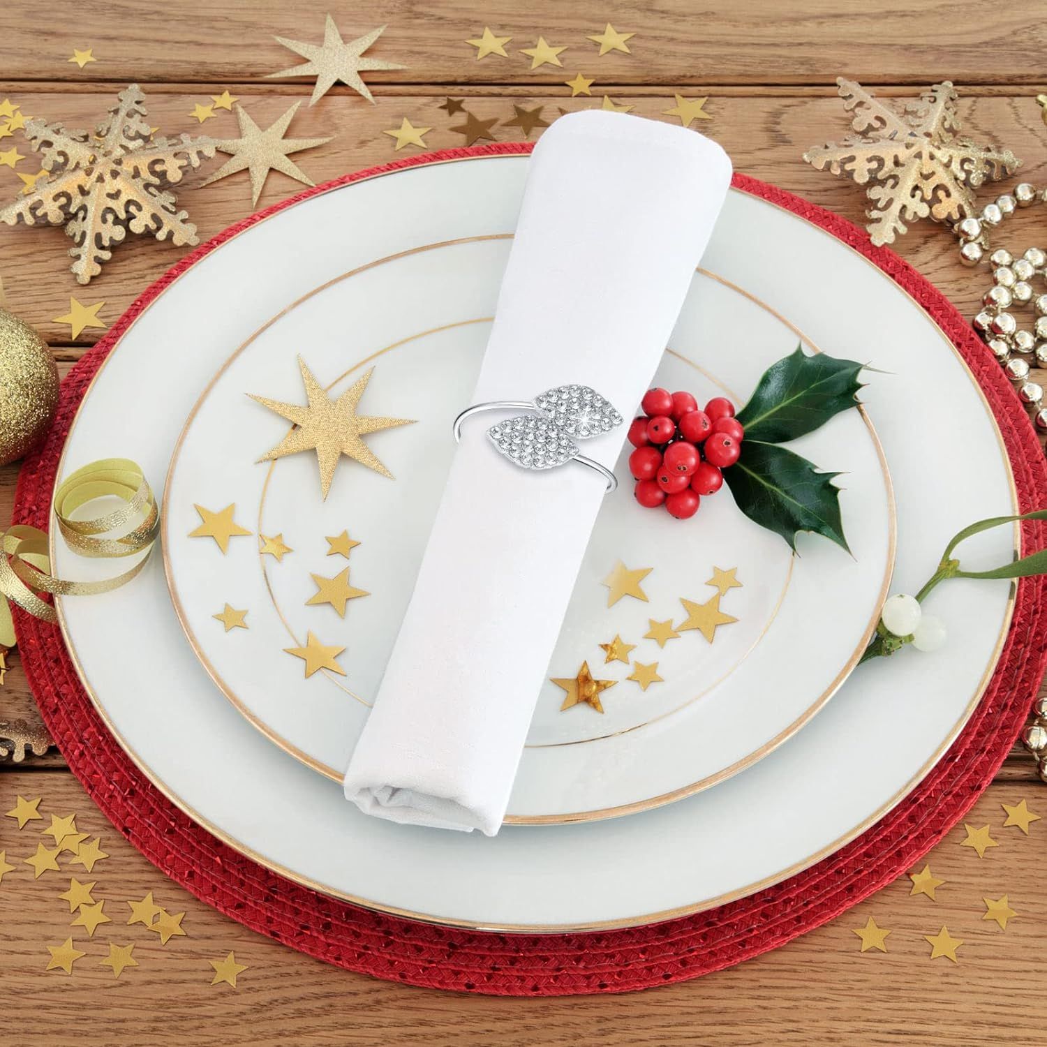 Rings Set Metal Leaves Napkin Holders Rhinestone Napkin Buckle for Wedding Party Celebrate Festival Dinner (Silver, 24 Piece) โ image 3