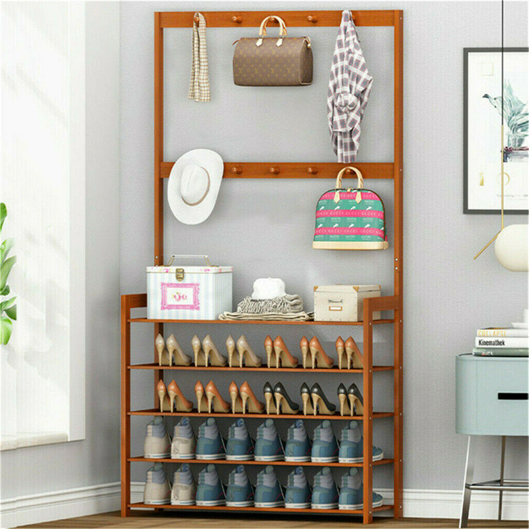 Bamboo 5-Tier Hat Coat Shoe Rack Entryway Bench Hanger Storage — image 4