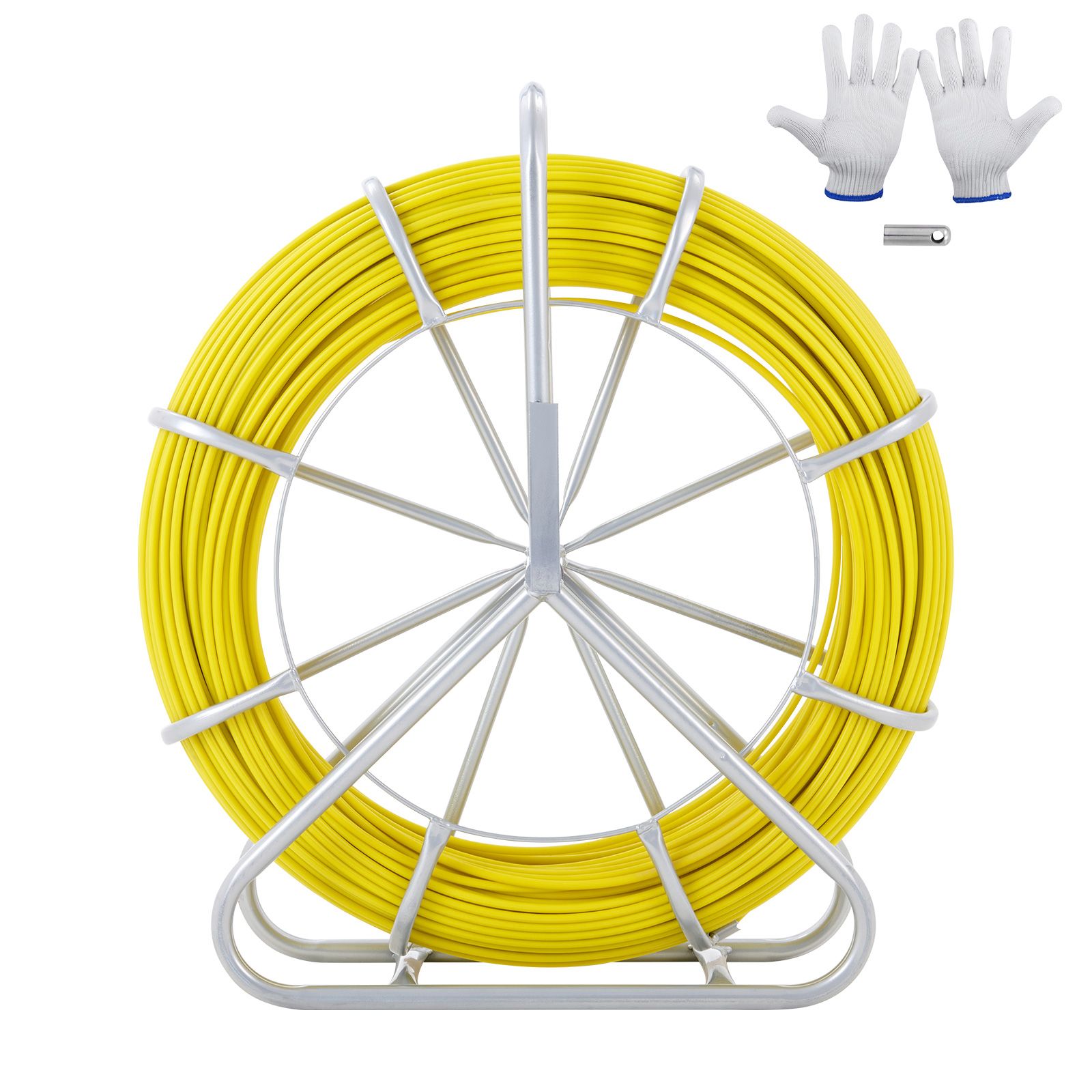 Fish Tape Fiberglass, 182.88 m, 7.9 mm, Duct Rodder Fishtape Wire Puller, Cable Running Rod with Steel Reel Stand, 3 Pulling Heads, Fishing Tools for Walls and