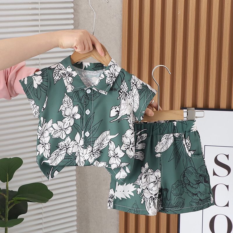 Chaole Pig Boys Cotton Short Sleeve Suit Yellow Beach Coconut Tree 90cm — image 3