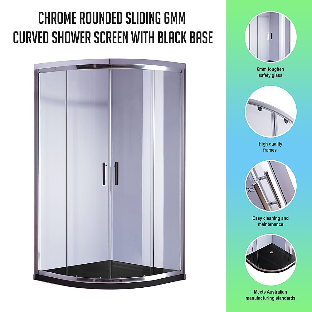 100 x 100cm Chrome Rounded Sliding 6mm Curved Shower Screen with Black Base โ image 3