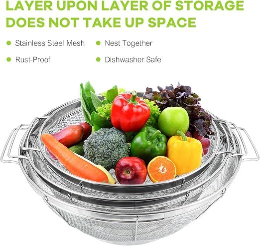 3 Piece Stainless Steel Colander Set with Handles, Nesting Strainer Bowls for Pasta, Rice, Fruit and Vegetables, 22 cm, 25 cm and 28 cm โ image 4