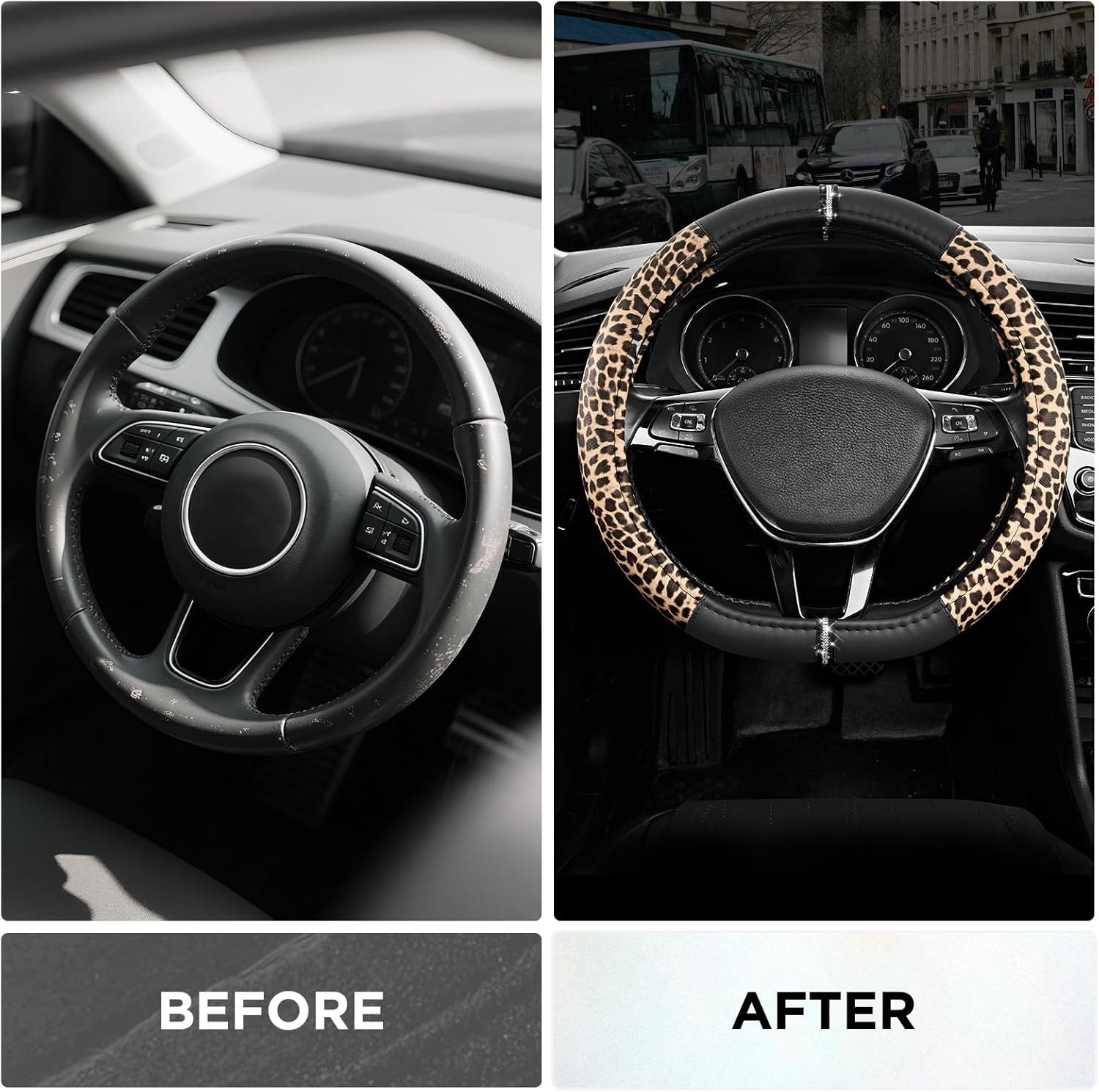 Leopard Steering Wheel Cover for Women, Cute Anti-Slip Microfiber Leather, Fits D Shape Flat Bottom Steering Wheel 14.5-15 Inch - Black โ image 3