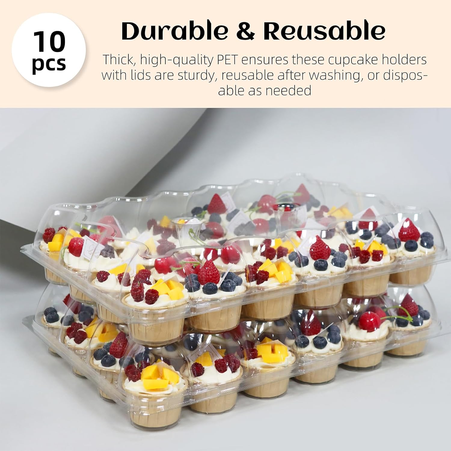 24 Count x 10 Sets Plastic Cupcake Containers, Durable and BPA-Free Cupcake Holder with Lid for Easy Transport Storage, Stackable Clear Cupcake Carriers โ image 3