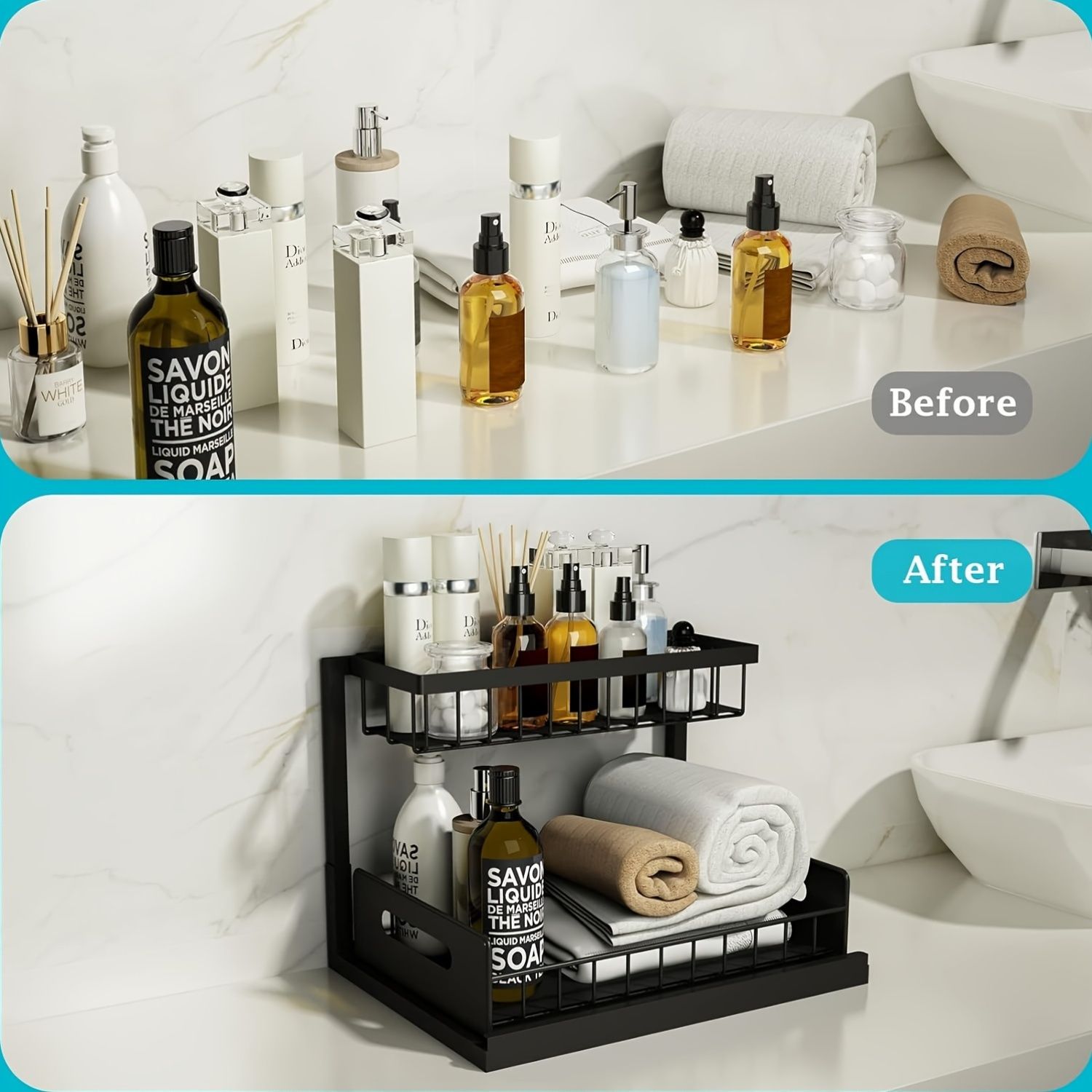 Kitchen sink storage box, pull-out cabinet storage box 2-layer sliding sink rack cabinet storage rack, kitchen bathroom cabinet sink drain storage pull-out — image 4