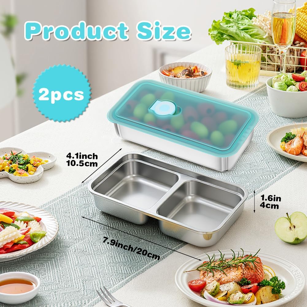 YQL 2 Pack Stainless Steel Food Containers with Lids, Double & Single Compartment Snack Boxes for Kids, Leakproof Reusable Bento Box for Lunch Prep, Travel β image 2