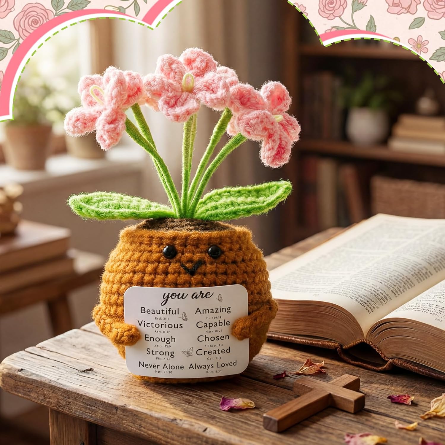 Christian Gift for Women Positive Handmade Crochet Doll with Bible Verse Prayer Card Inspirational Scripture Religious Mother's Day Sunday Group Church(Forget โ image 3