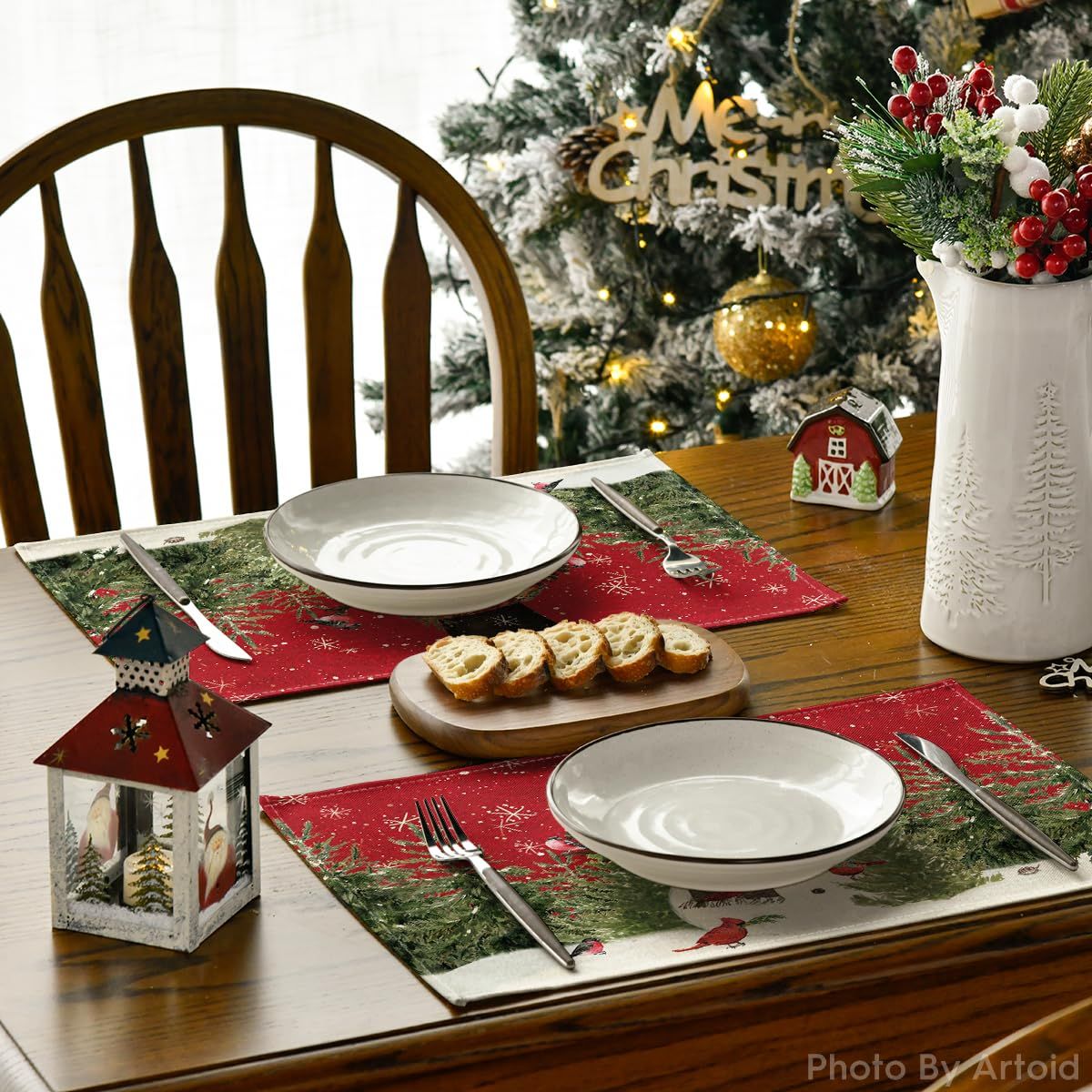 4pcs，Snowman Cardinal Tree Christmas Table Mat, Seasonal Winter Bird Christmas Holiday Rural Retro Thanksgiving Washable Table Mat — image 2
