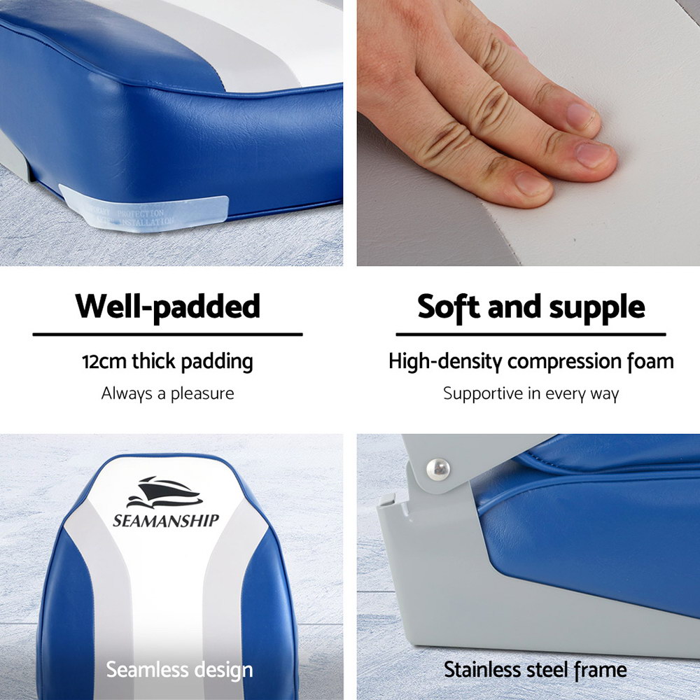 Seamanship 2X Folding Boat Seats Marine Seat Swivel High Back 12cm Padding Blue โ image 6