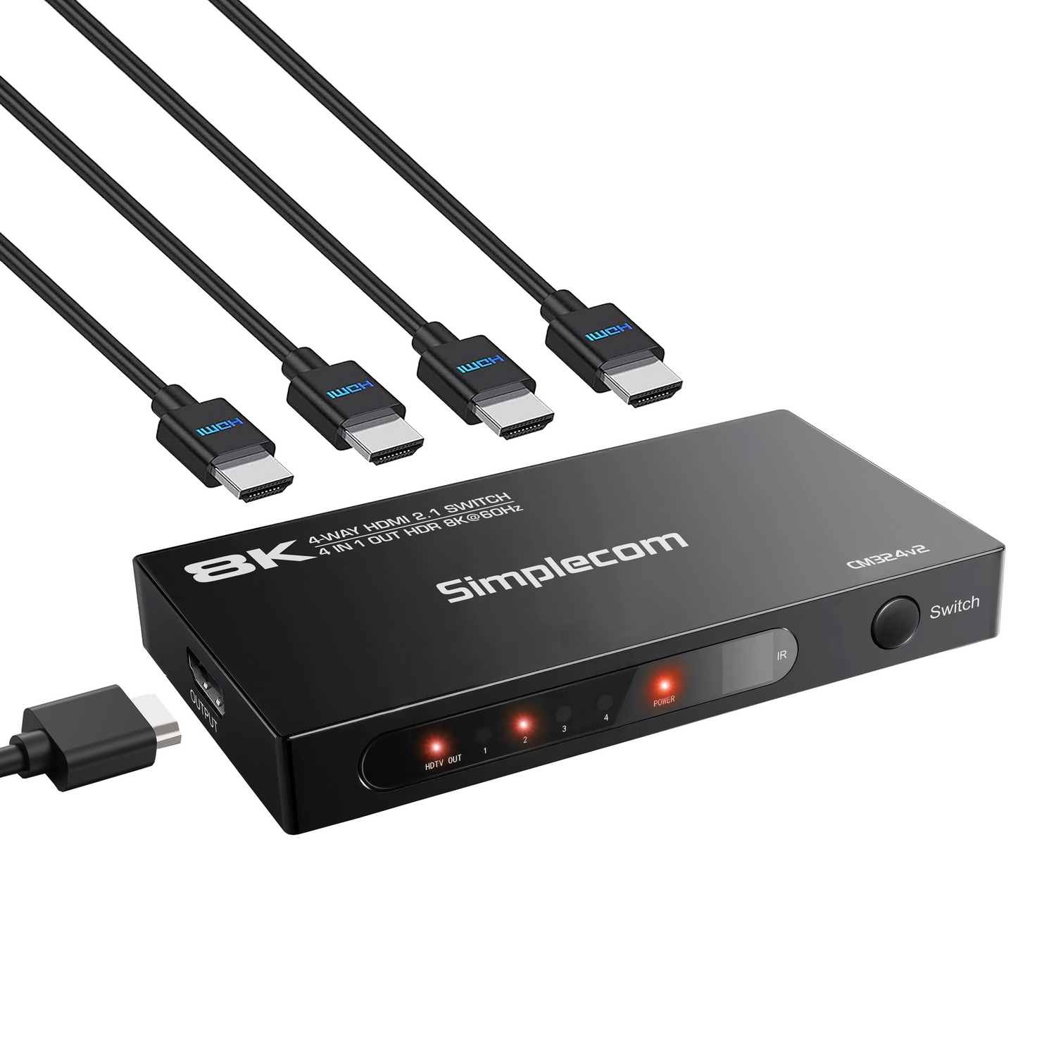 Simplecom CM324v2 4-Port HDMI 2.1 Switch with Remote 4 IN 1 OUT Splitter HDCP 2.3 8K@60Hz — image 2