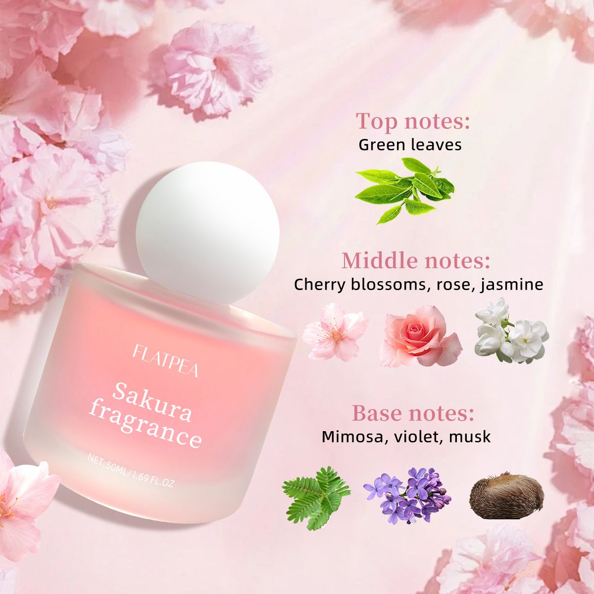 Hot-selling Cherry Blossom Women's Perfume Spray Natural Freshness Long-lasting Fragrance No Alcohol 50ml โ image 2