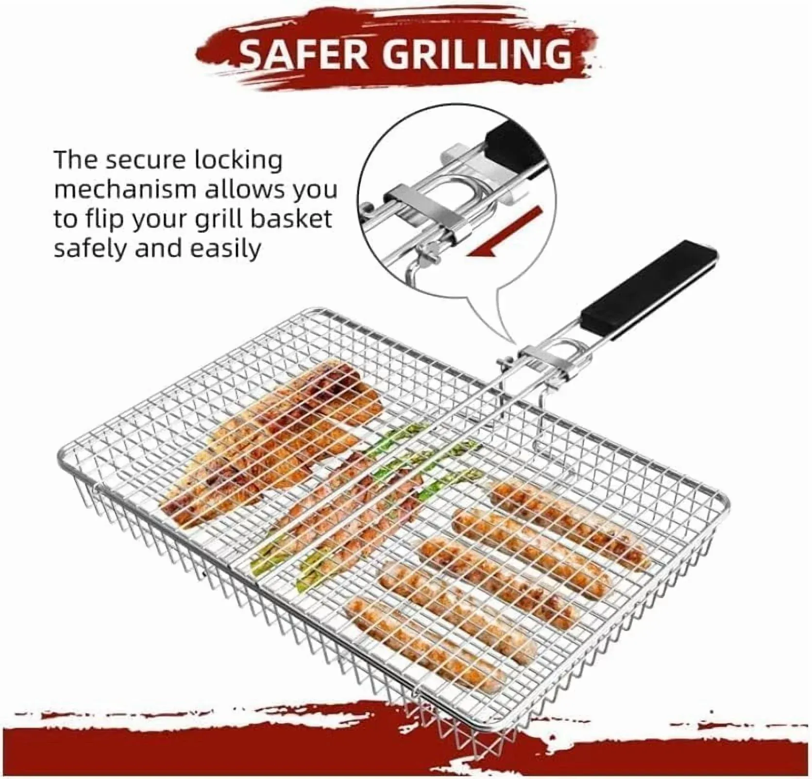 Large Stainless Steel Grill Basket, Folding BBQ Rack with Detachable Handle, 12.6 x 9.45 x 2 In — image 5