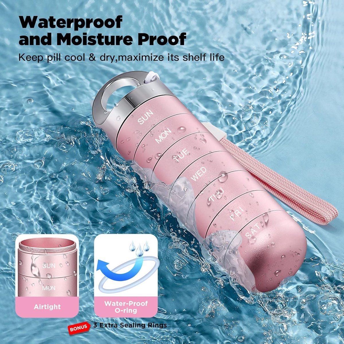 Metal Travel Pill Box, Portable Waterproof Weekly Pill Box, Large Aluminum Alloy Pill Holder, Fish Oil, Supplements, Pink โ image 3