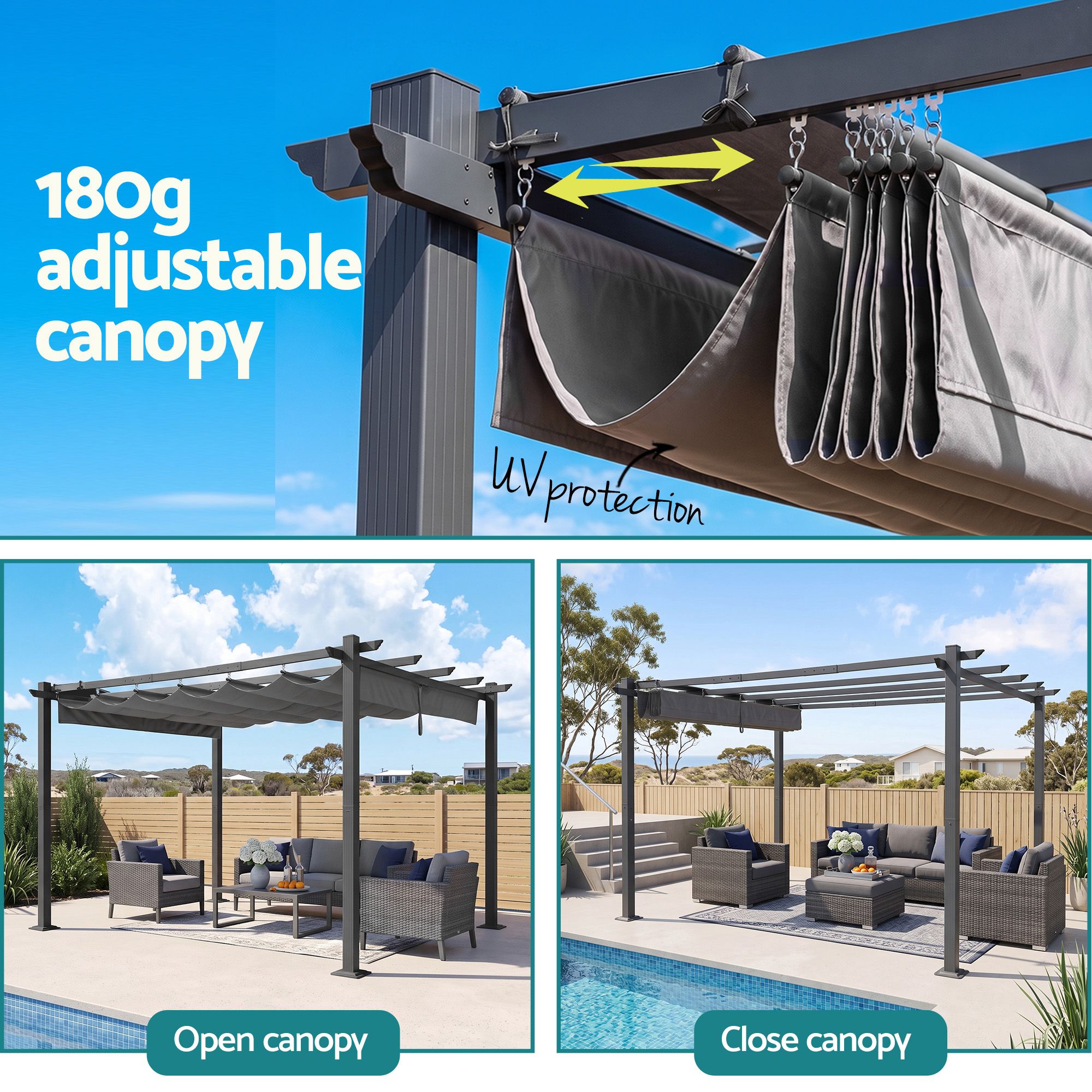 Instahut Gazebo Outdoor Garden Pergola Aluminium Frame Adjustable Canopy 3x4m Grey โ image 5