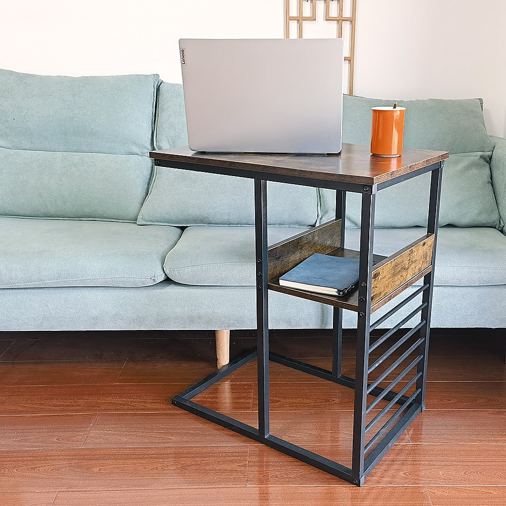 Industrial C Shaped Sofa Side Table with Wooden Shelf Couch Laptop Snack End Table โ image 3