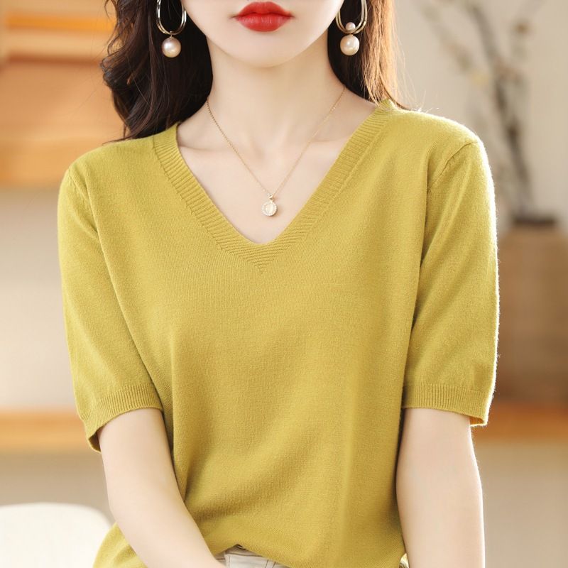 Women V Neck Knit Sweater Half Sleeve Pullover Grey M Size: M; Height (cm): 160-165; Weight (kg): 50-55; Bust (cm): 86-90; Waist (cm): 70-74; Shoulder width — image 4