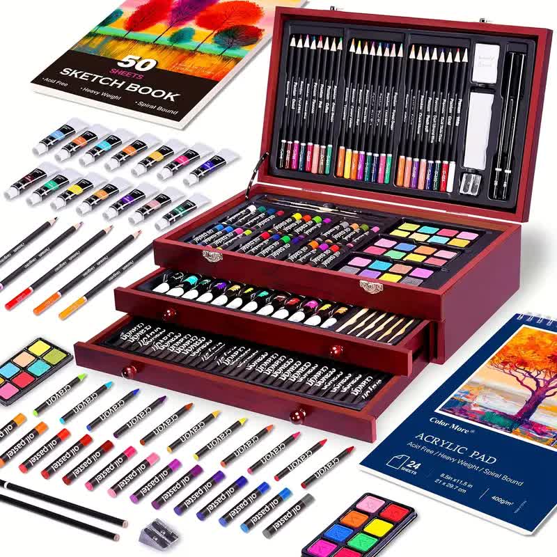 Black 175-Piece Deluxe Art Set with 2 Drawing Boards, Wax Crayons, Acrylic Paints, Colored Pencils, Wooden Storage Case – Professional Painting Kit, Art — image 2