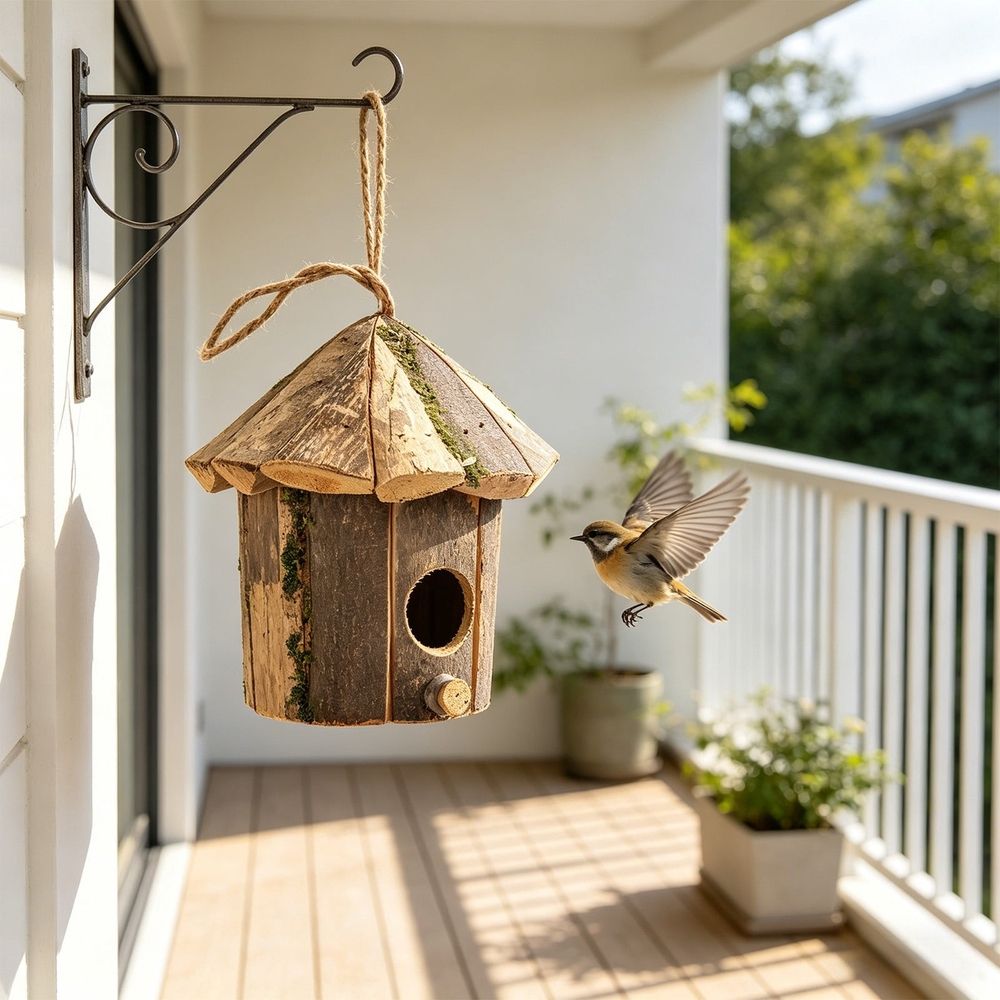Hanging Natural Wood Birdhouse for Small Songbirds, Outdoor Bird Breeding Box with Ventilated Octagonal Roof, Easy-Clean Door and Durable Jute Rope