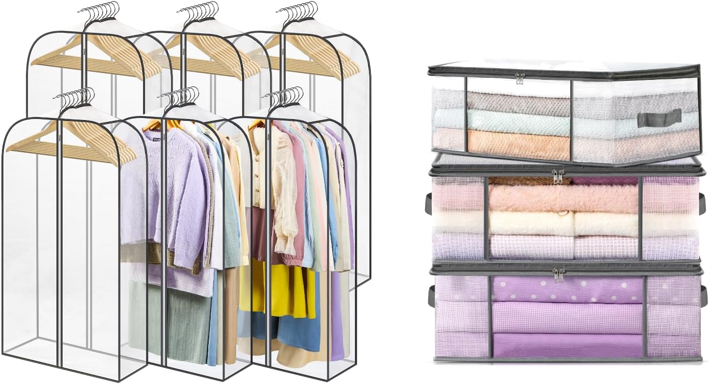 6 Pack Clear Garment Bags-40'' Long, 3 Clothes Storage Bags-35L