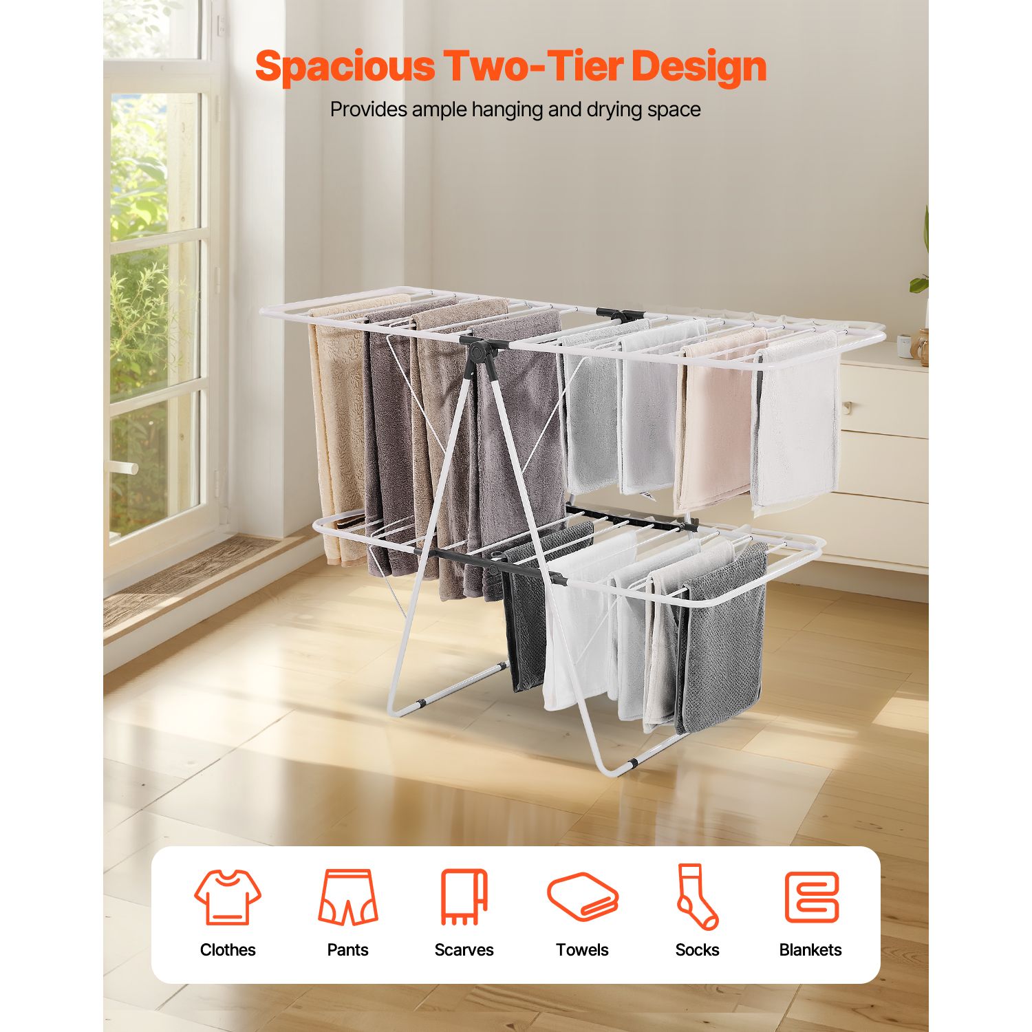 2-Tier Foldable Clothes Drying Rack with Sock Clips & 31 Drying Rods White — image 2