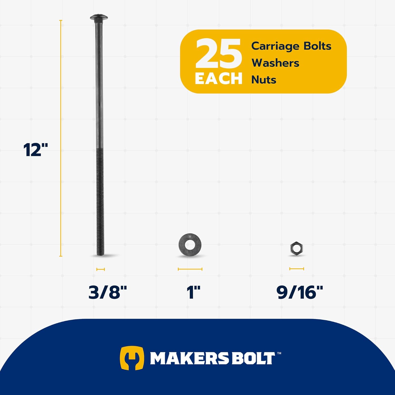 3/8" x 12" (25 Pack) Black Carriage Bolt Kit, Grade 307A, Ceramic Coated for Exterior Use, 2X Rust Resistance of Galvanized by Makers Bolt โ image 2