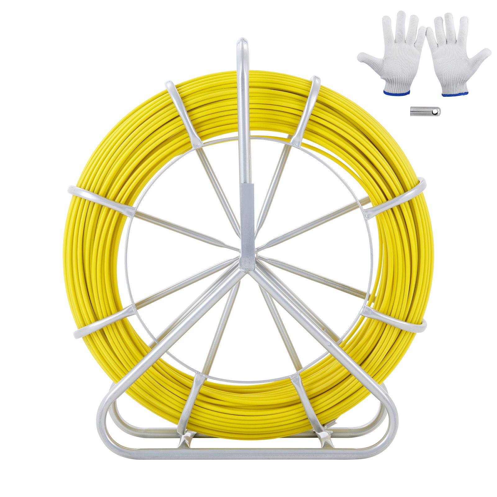 Fish Tape Fiberglass, 129.5 m, 6.35 mm, Duct Rodder Fishtape Wire Puller, Cable Running Rod with Steel Reel Stand, 3 Pulling Heads, Fishing Tools for Walls and