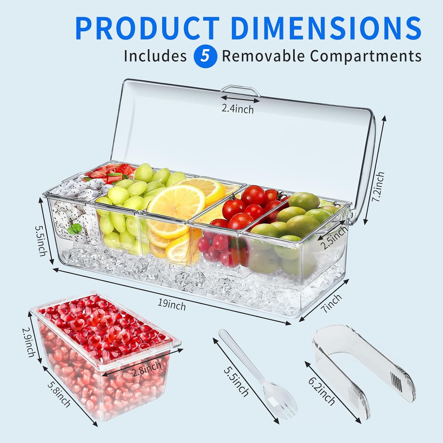 Large Ice Chilled Condiment Caddy,Chilled Condiment Containers Server with Lids for 5 Removable Compartments (2.5 cup),Serving Platters, Fruit & Garnish Tray — image 2