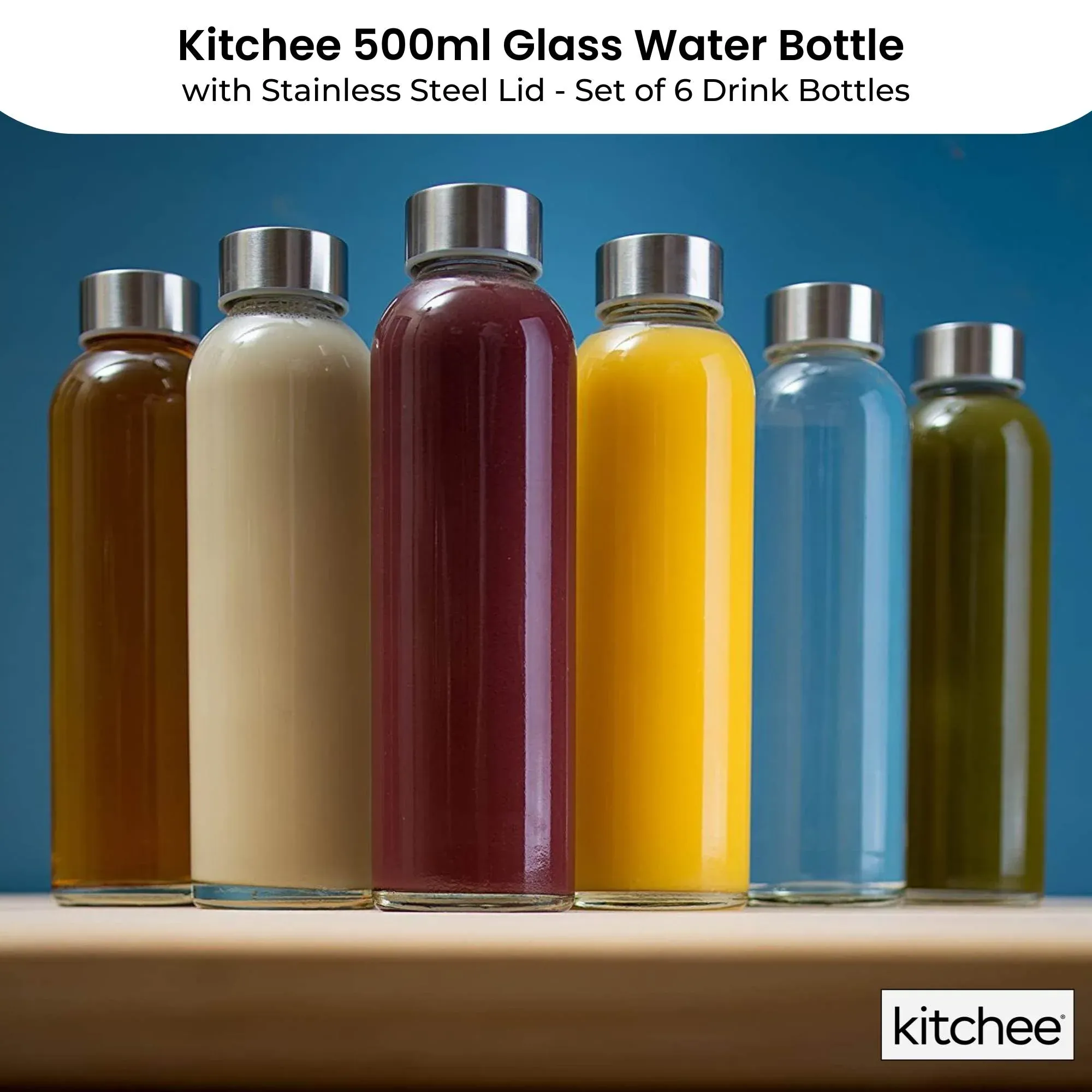 Kitchee 500ml Glass Water Drink Bottle with Stainless Steel Lid - Set of 6 — image 2