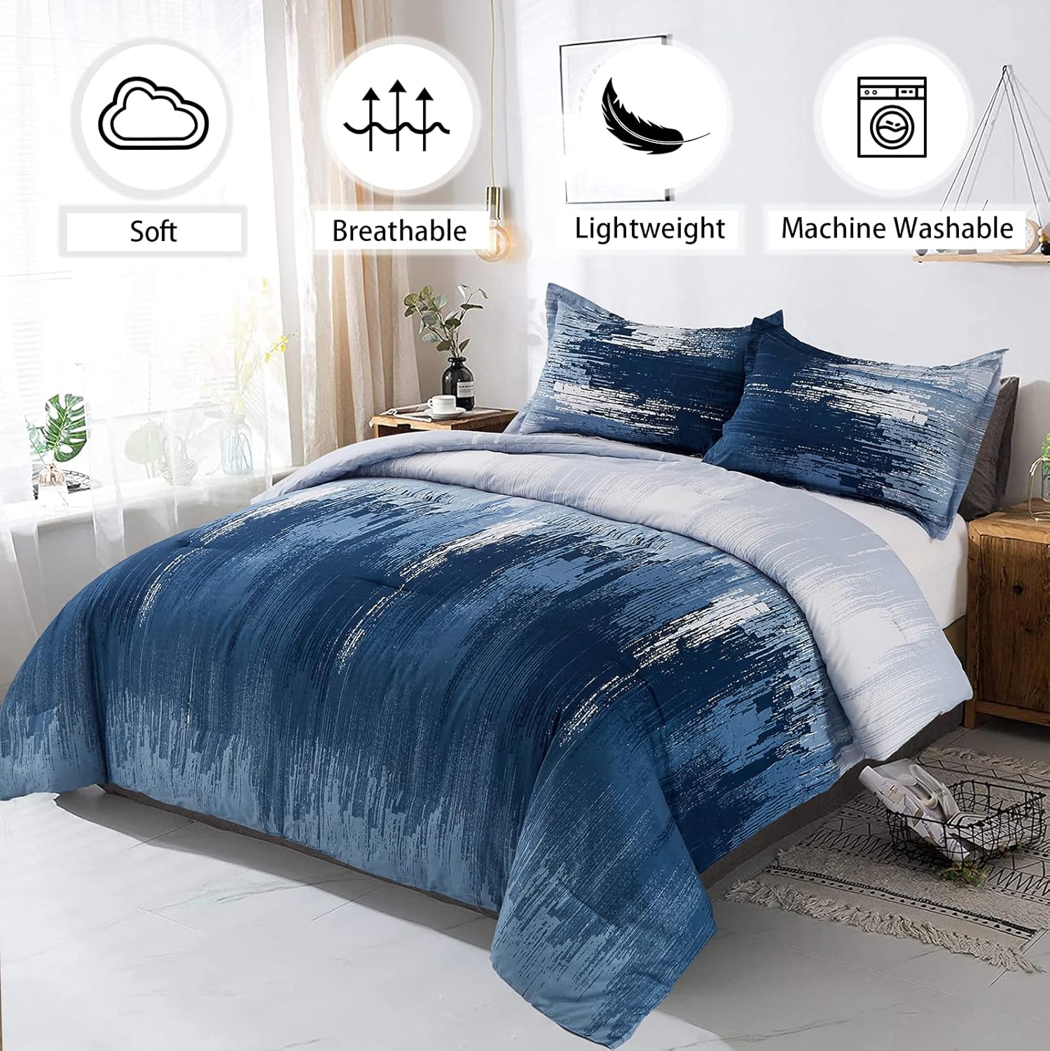 Ombre Blue Comforter Set, King Size, Gradient Blue Grey 3-Piece Boho Bedding — image 3