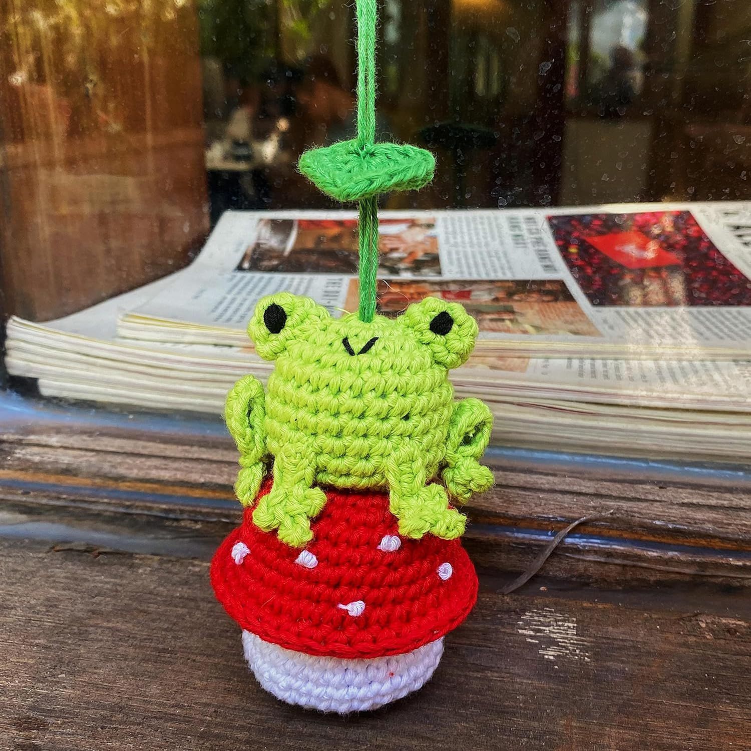 Crochet Frog and Mushroom Ornament, Accessories for Rear View Window, Handmade Hanging Car Charm, Automotive Interior Decorations, House Decoration (Frog and — image 5
