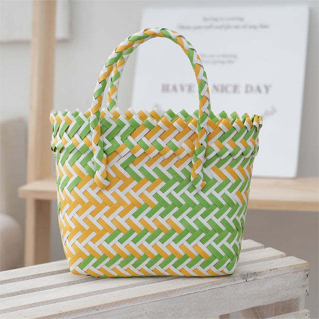 Handwoven Fresh PP Tote Bag with Upright Square Structure & Flower Deco, Durable Mini Spring Picnic Basket and Favour Handbag 16x16x9cm, Green Yellow