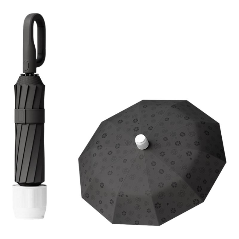Black Foldable Automatic Open Umbrella with Retractable Waterproof Sleeve, Clip Handle and Winproof Dual Rib - Lightweight Rain Sun Umbrella, Large Diameter