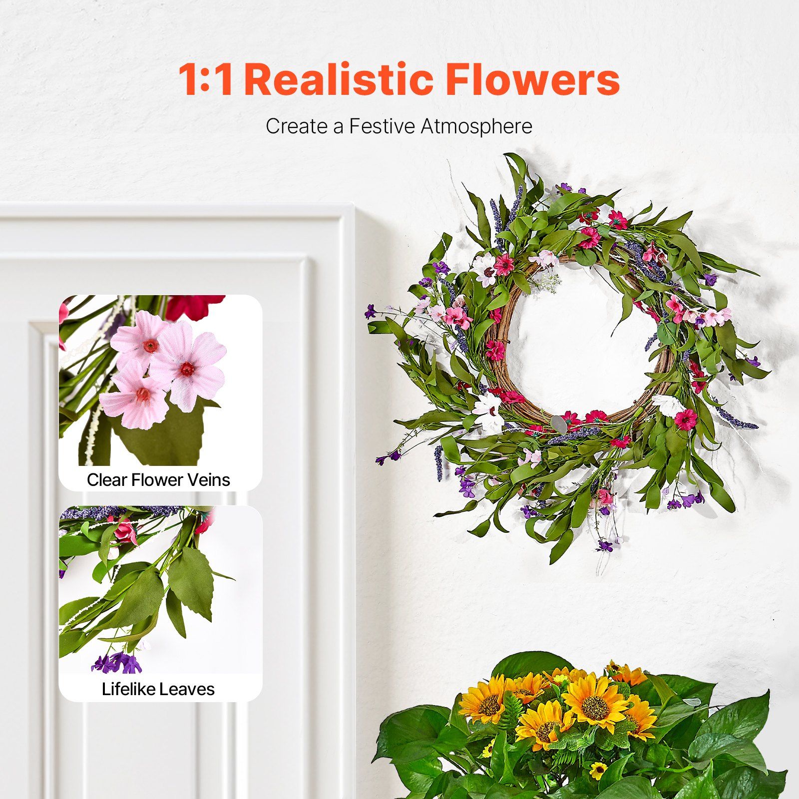 Artificial Decorative Wreath 55.88cm Pink Green Daisy Baby's Breath Floral Wreath with Buds Year Round Faux Flower Wreath for Indoor Outdoor Home Wall Window — image 2