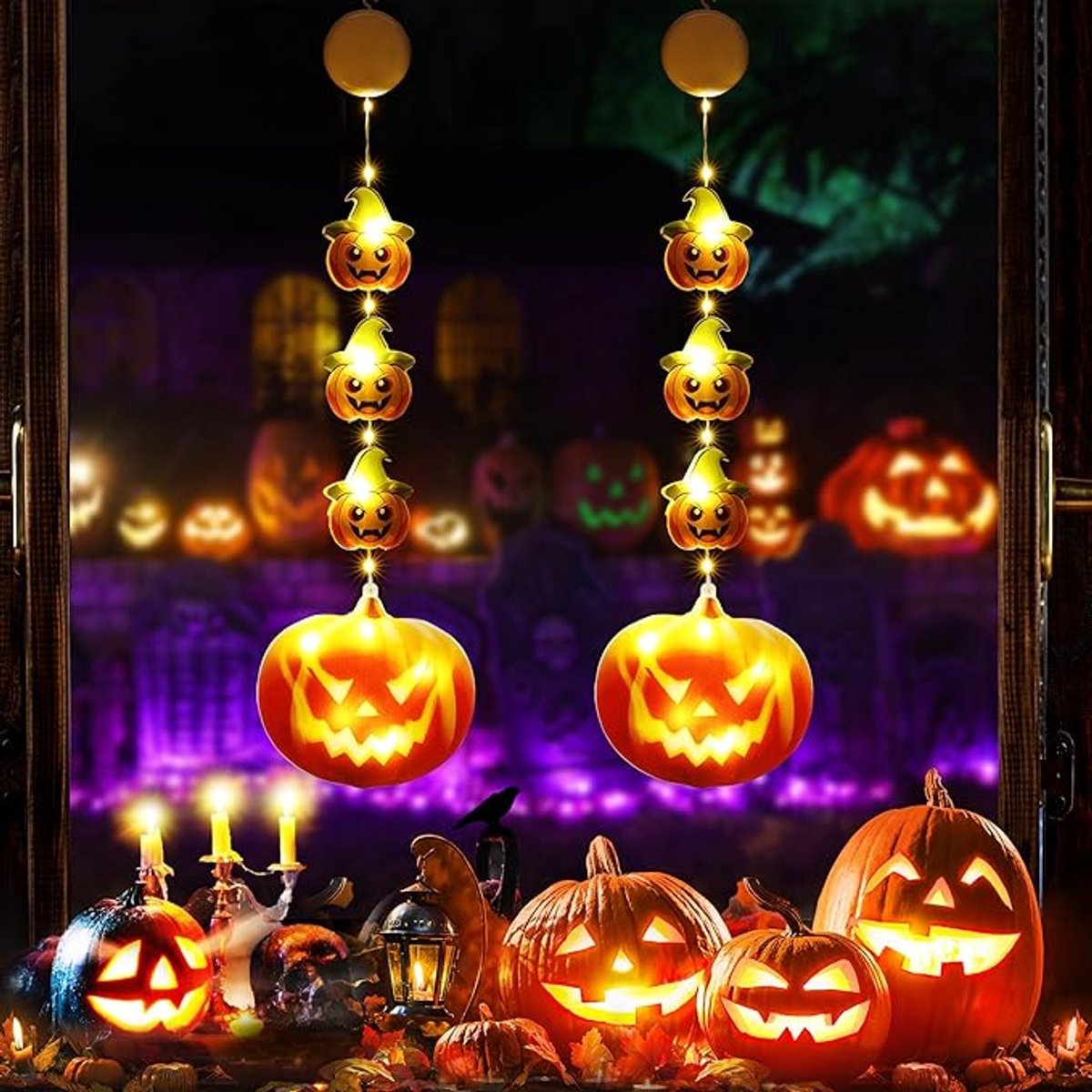 Halloween Decoration Window Lights - Orange Pumpkin Lantern Lights - Halloween Fairy Lights - 2 Pieces LED Indoor Autumn Decoration Pumpkin Christmas Lights — image 4