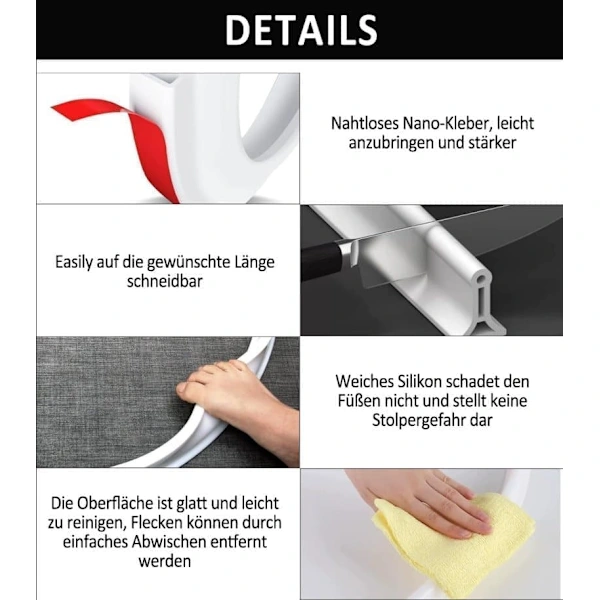 2m Self-Adhesive Shower Strip, 4cm High Waterproof Rubber Strip for Bathroom and Kitchen, Shower Threshold / Water Barrier White — image 4
