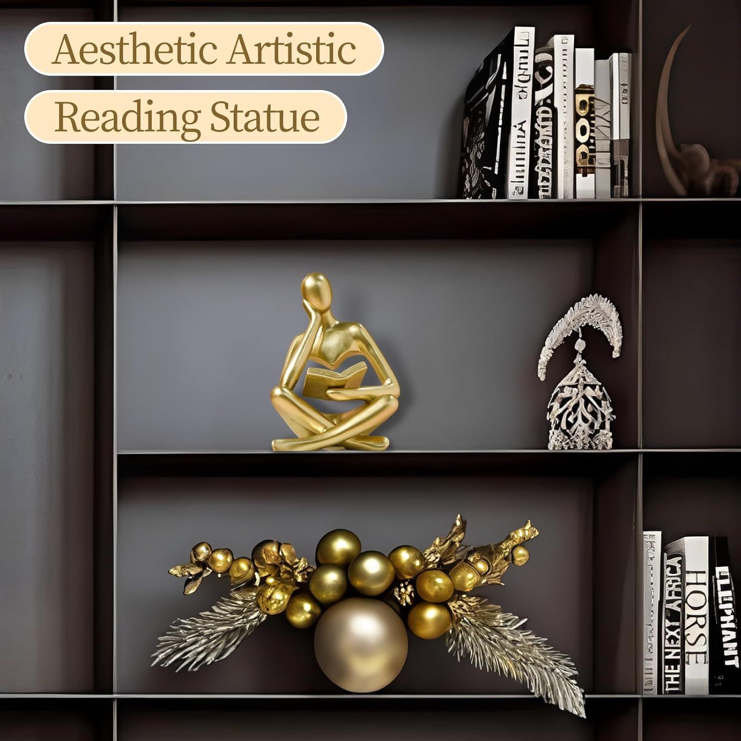 Abstract Reading Thinker Statue for Home Decor, Modern Resin Sculpture Figurine for Bookshelf, Desk & Living Room (Gold) — image 2