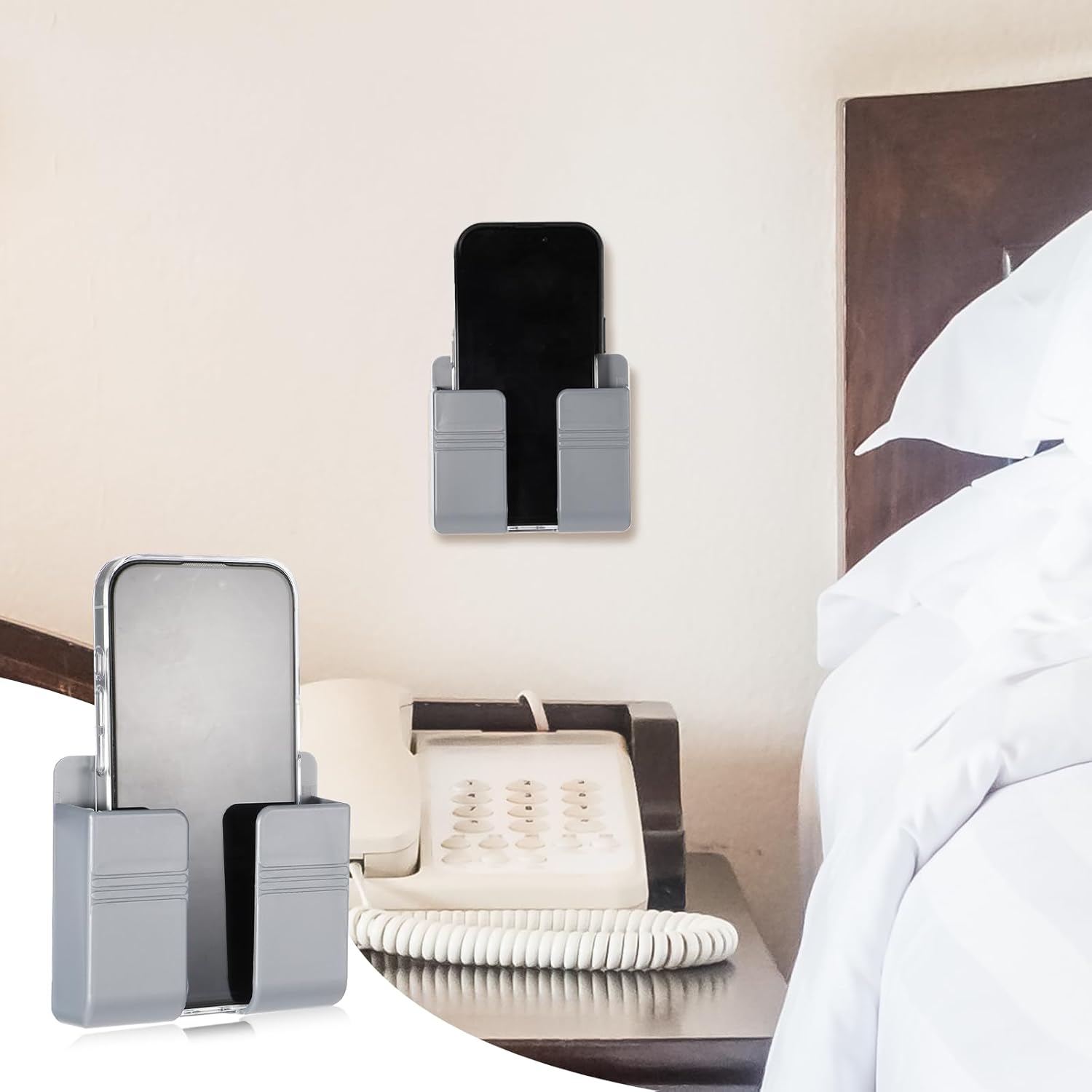 2 Pcs Wall Mount Phone Holder Self Adhesive Phone Shelf with Data Cable Receiving Hole, Grey Charger Remote Control Storage Box, Cell Cradle Bedside Organizer — image 3
